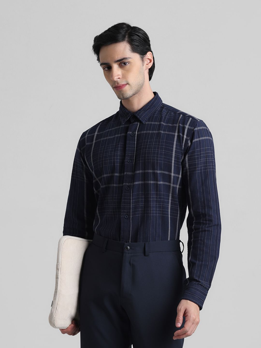 Blue Dobby Check Full Sleeves Shirt - S