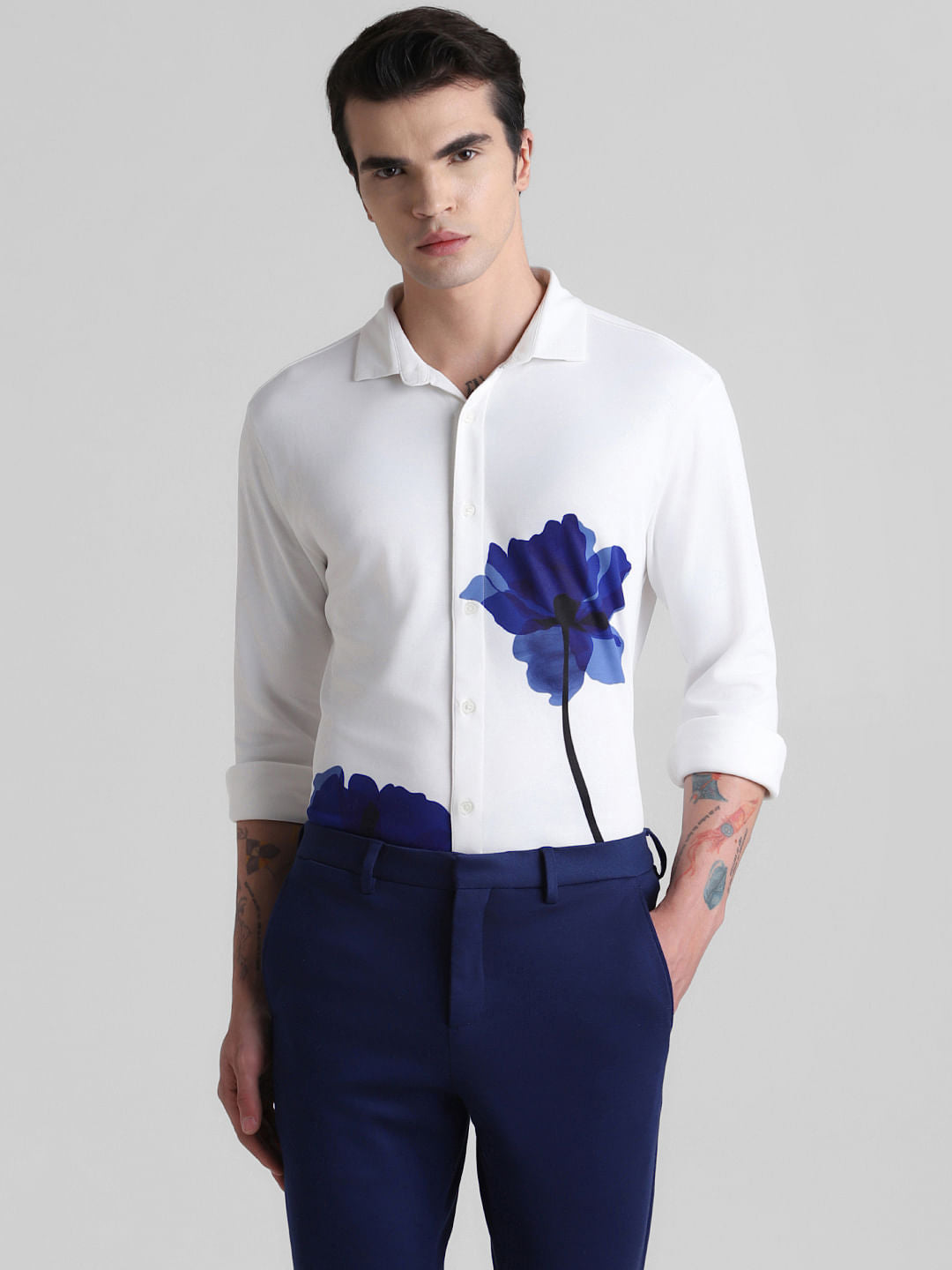 White Floral Full Sleeves Knitted Shirt