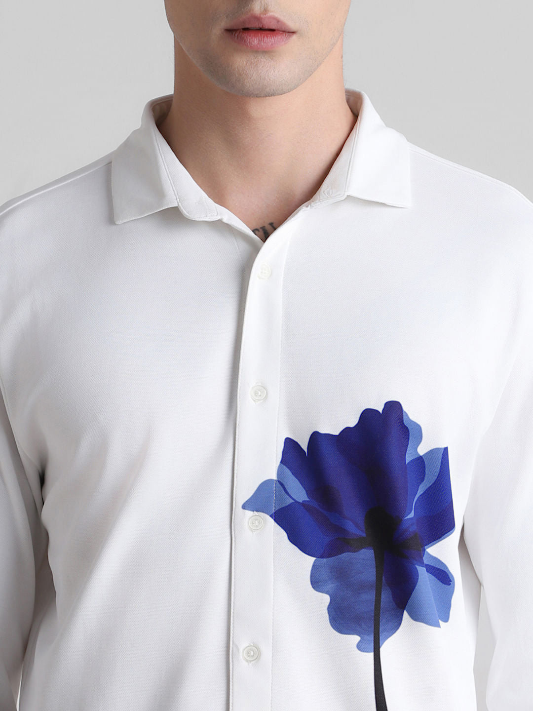 White Floral Full Sleeves Knitted Shirt