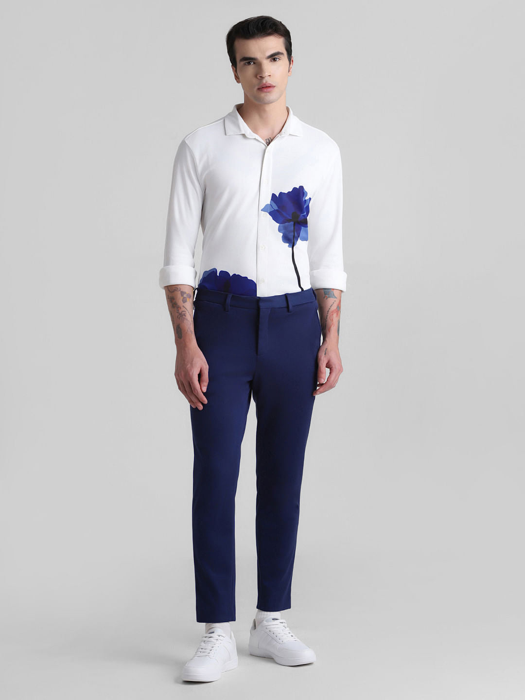 White Floral Full Sleeves Knitted Shirt