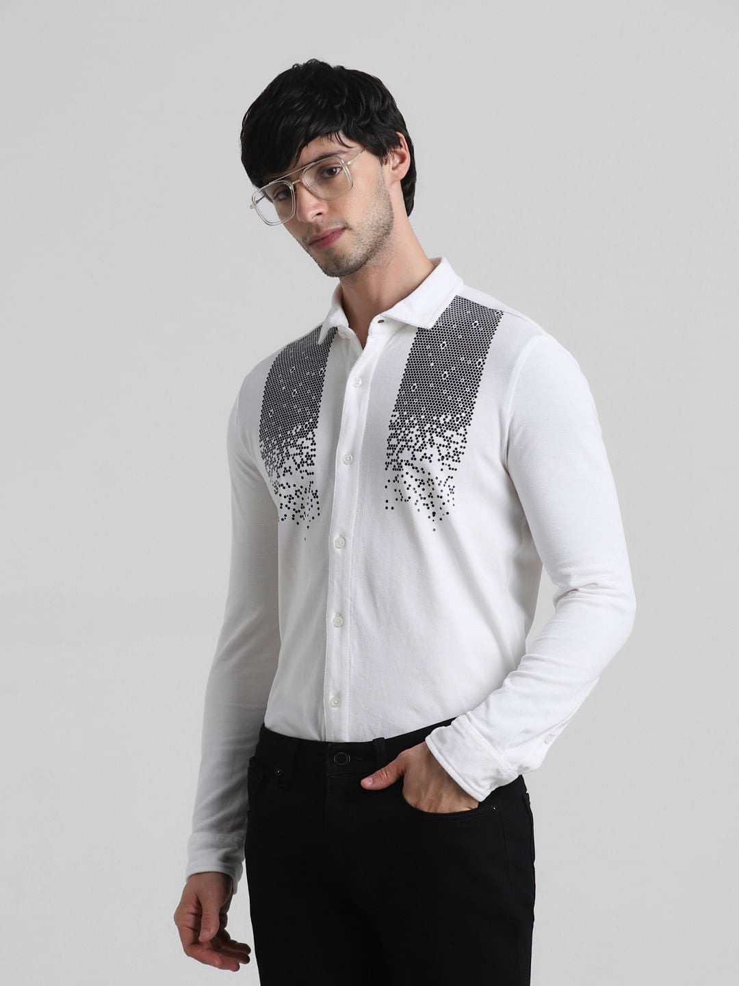 White Knitted Full Sleeves Shirt