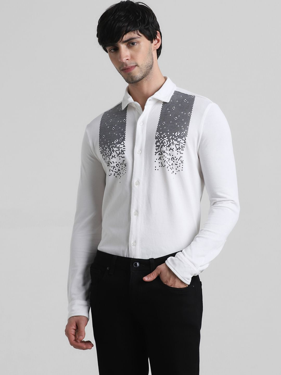 White Knitted Full Sleeves Shirt