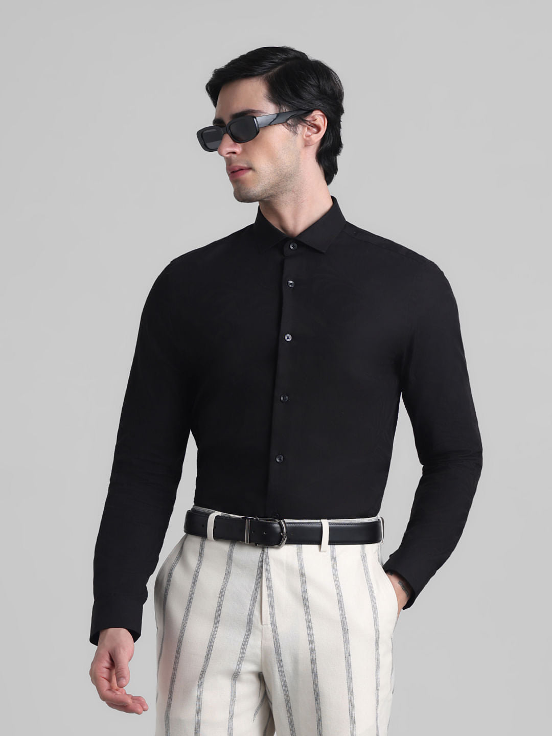 Black Jacquard Slim Fit Shirt - S