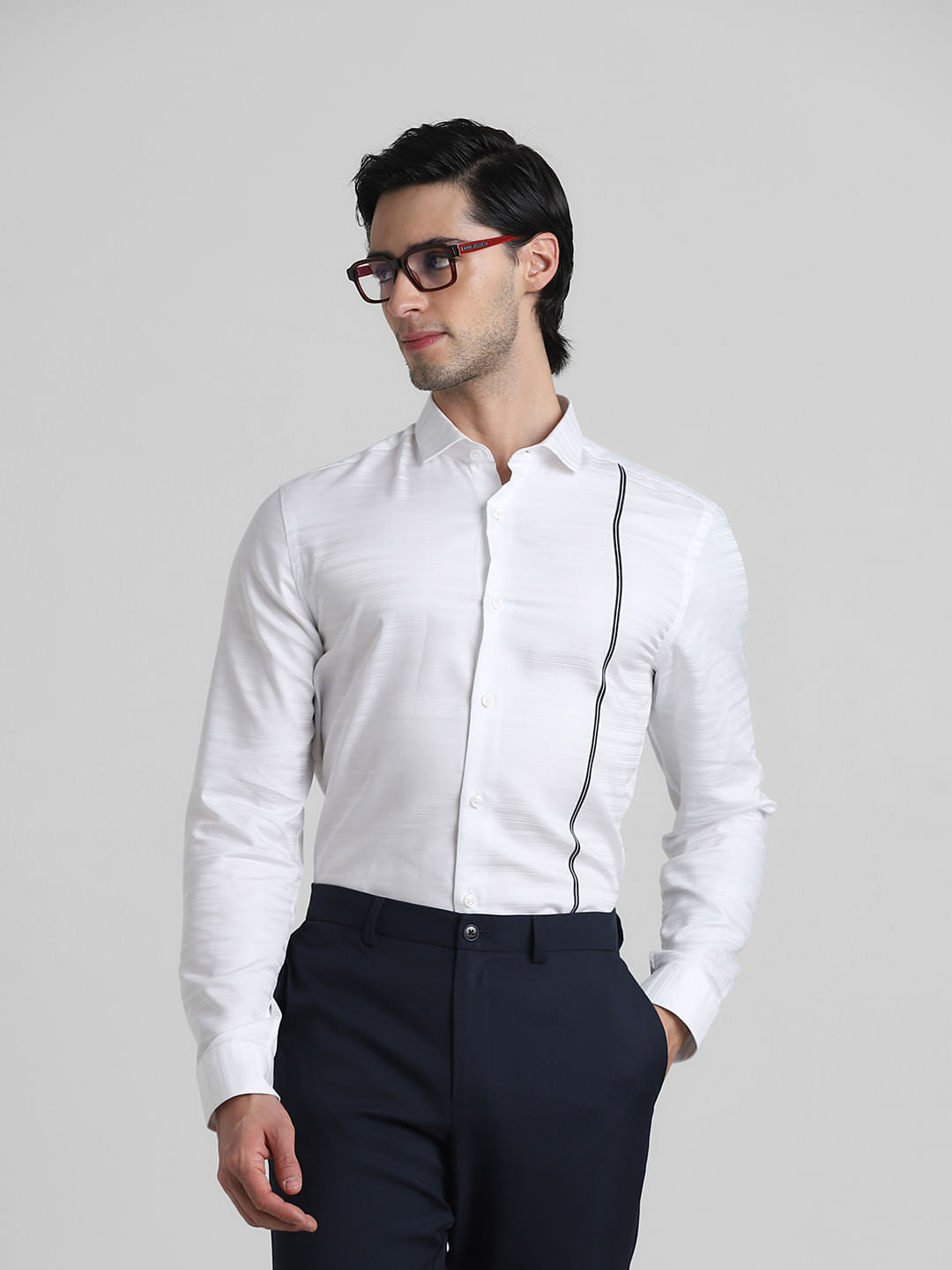 White Jacqaurd Full Sleeves Shirt - S