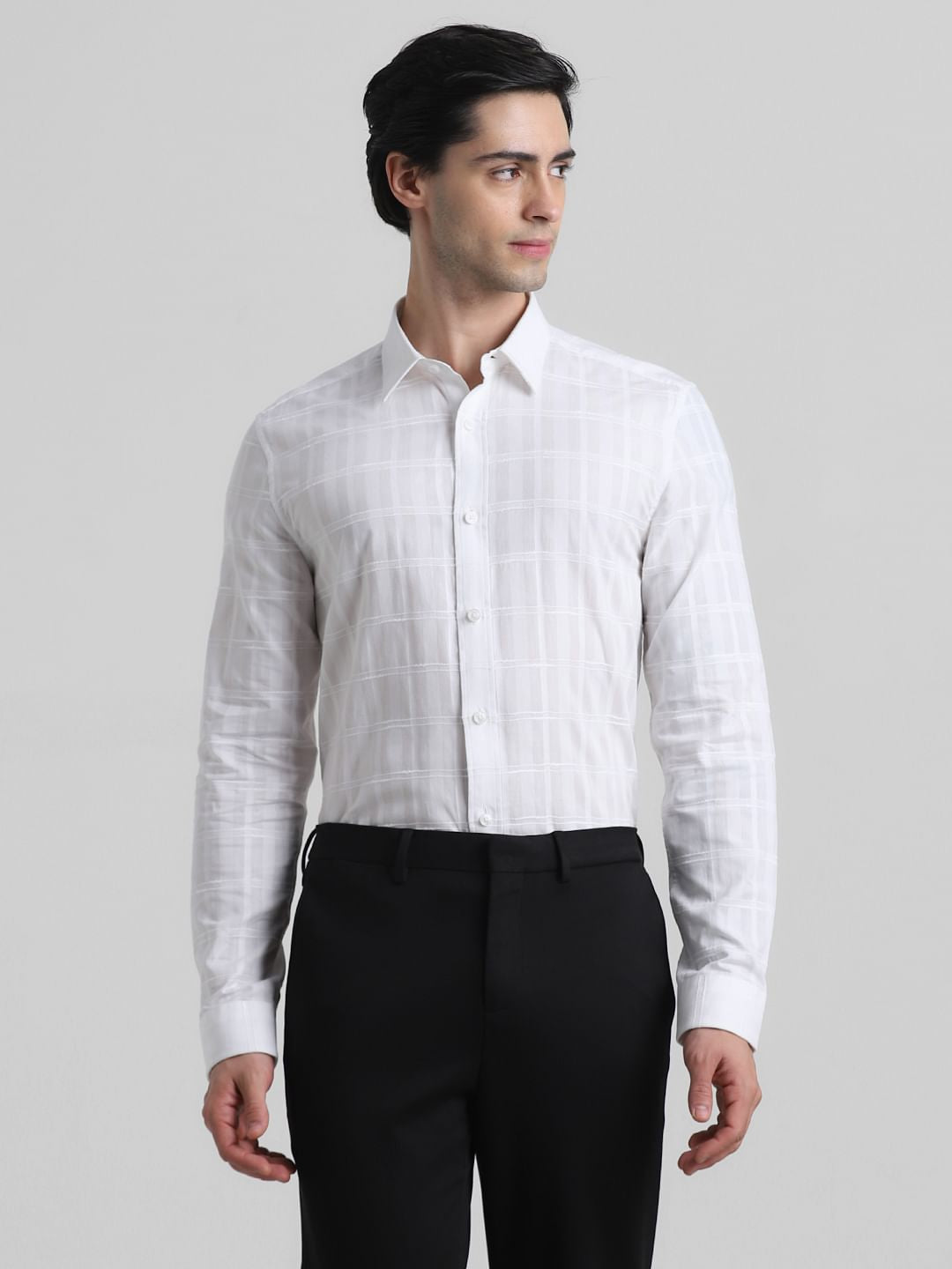 White Dobby Check Slim Fit Shirt