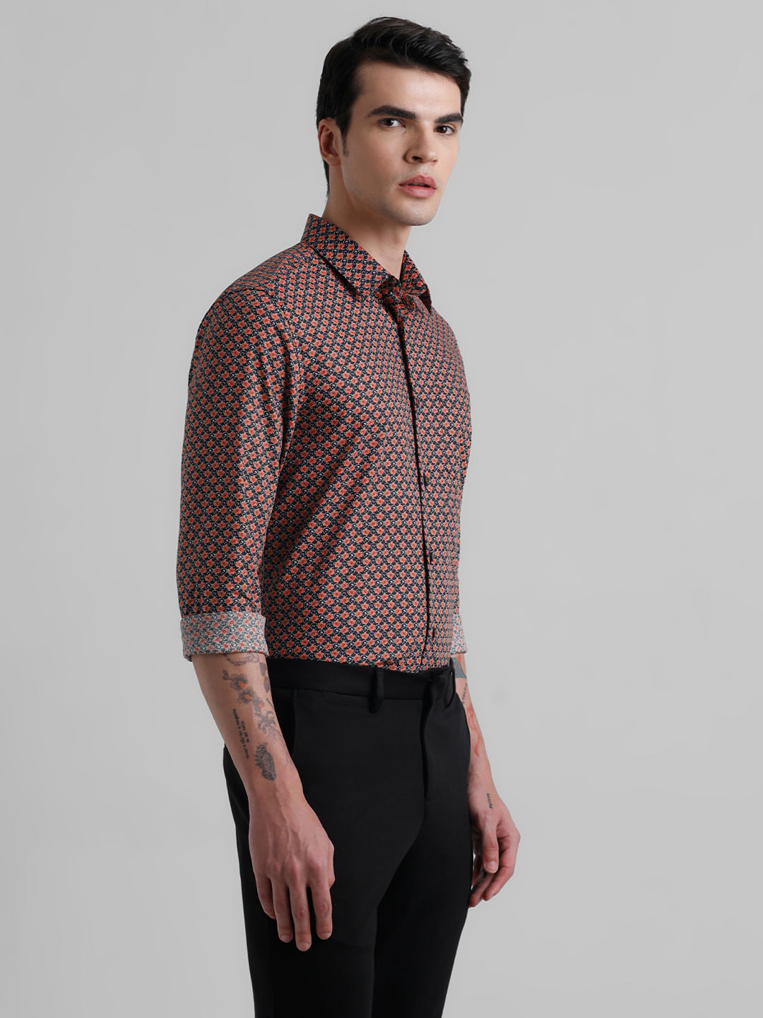 Black Floral Print Short Sleeves Shirt