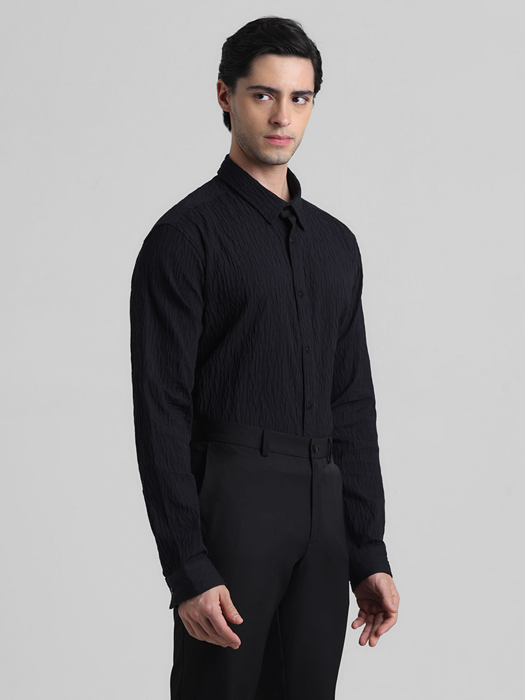 Black Textured Full Sleeves Shirt
