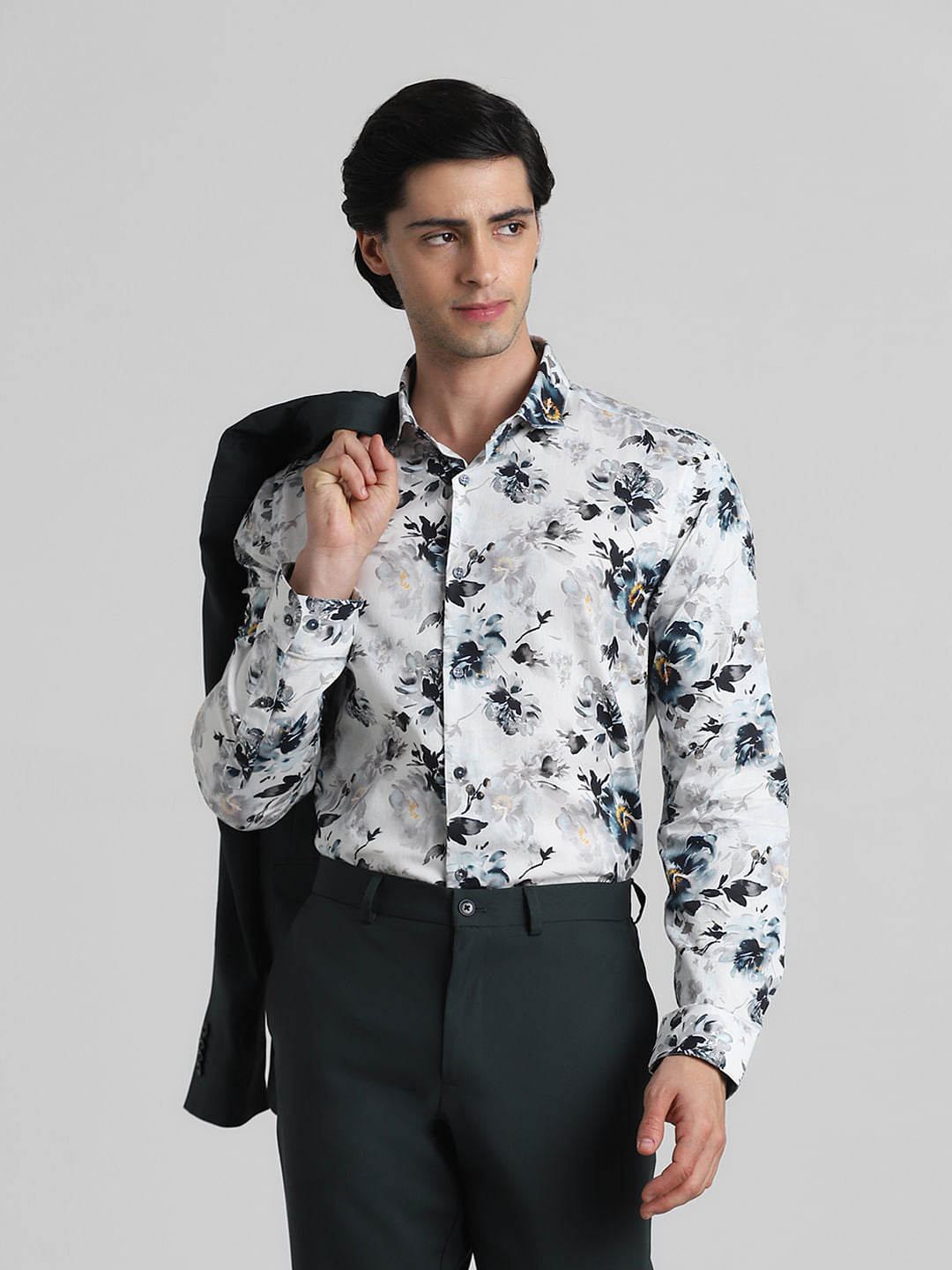 White Floral Full Sleeves Shirt - S
