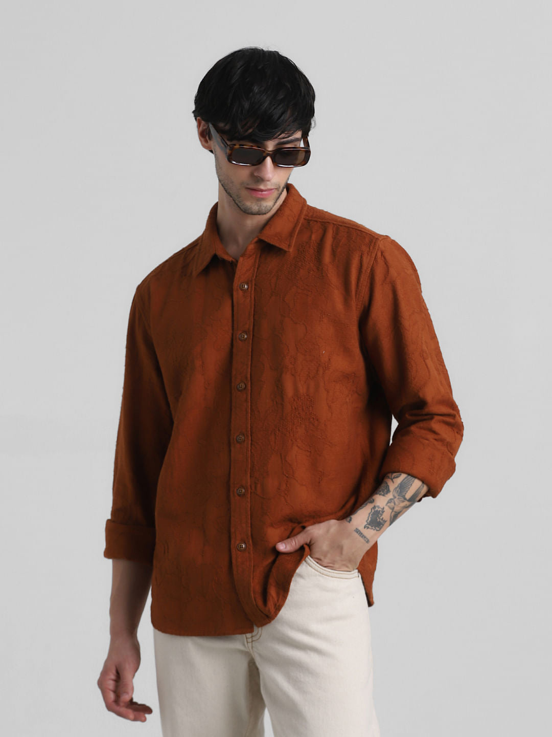 Brown Cotton Jacquard Oversized Shirt - S