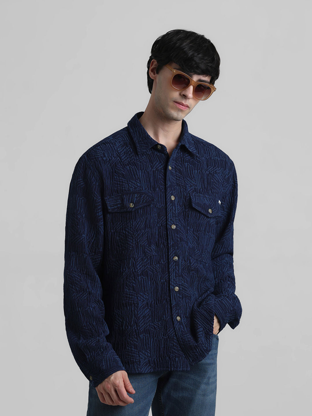 Dark Blue Indigo Dyed Jacquard Oversized Shirt - S