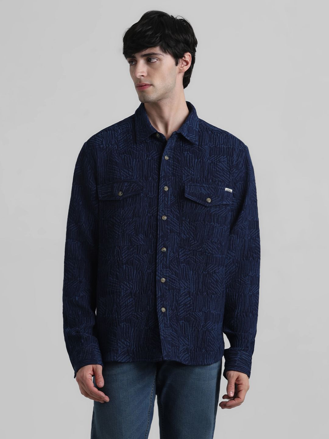 Dark Blue Indigo Dyed Jacquard Oversized Shirt