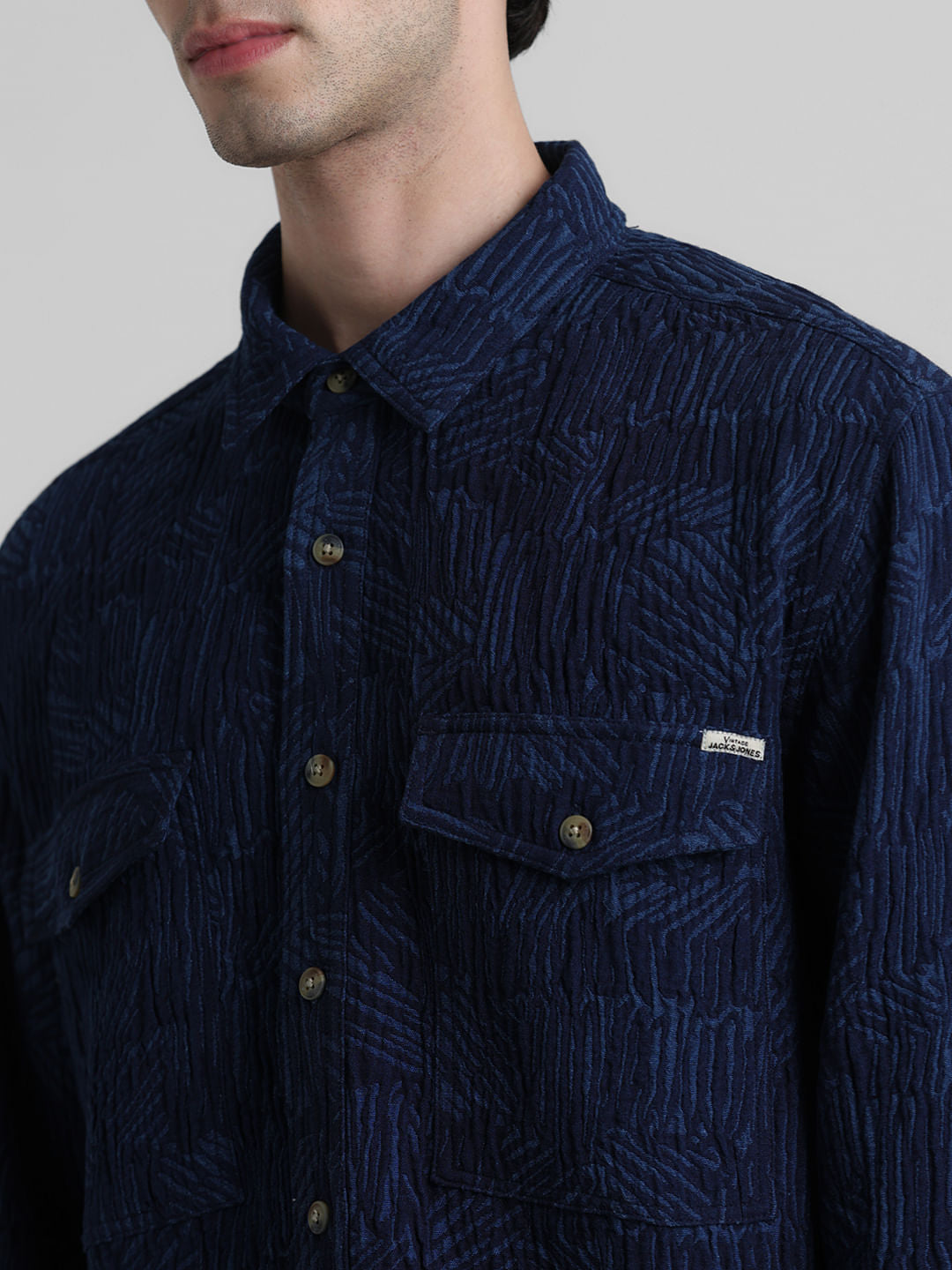 Dark Blue Indigo Dyed Jacquard Oversized Shirt