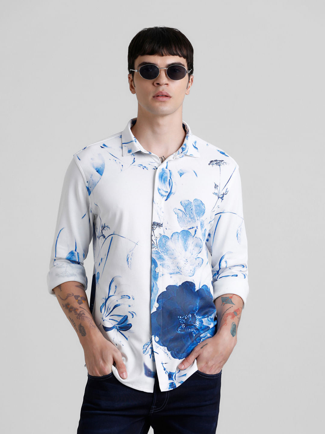 White Floral Print Full Sleeves Shirt