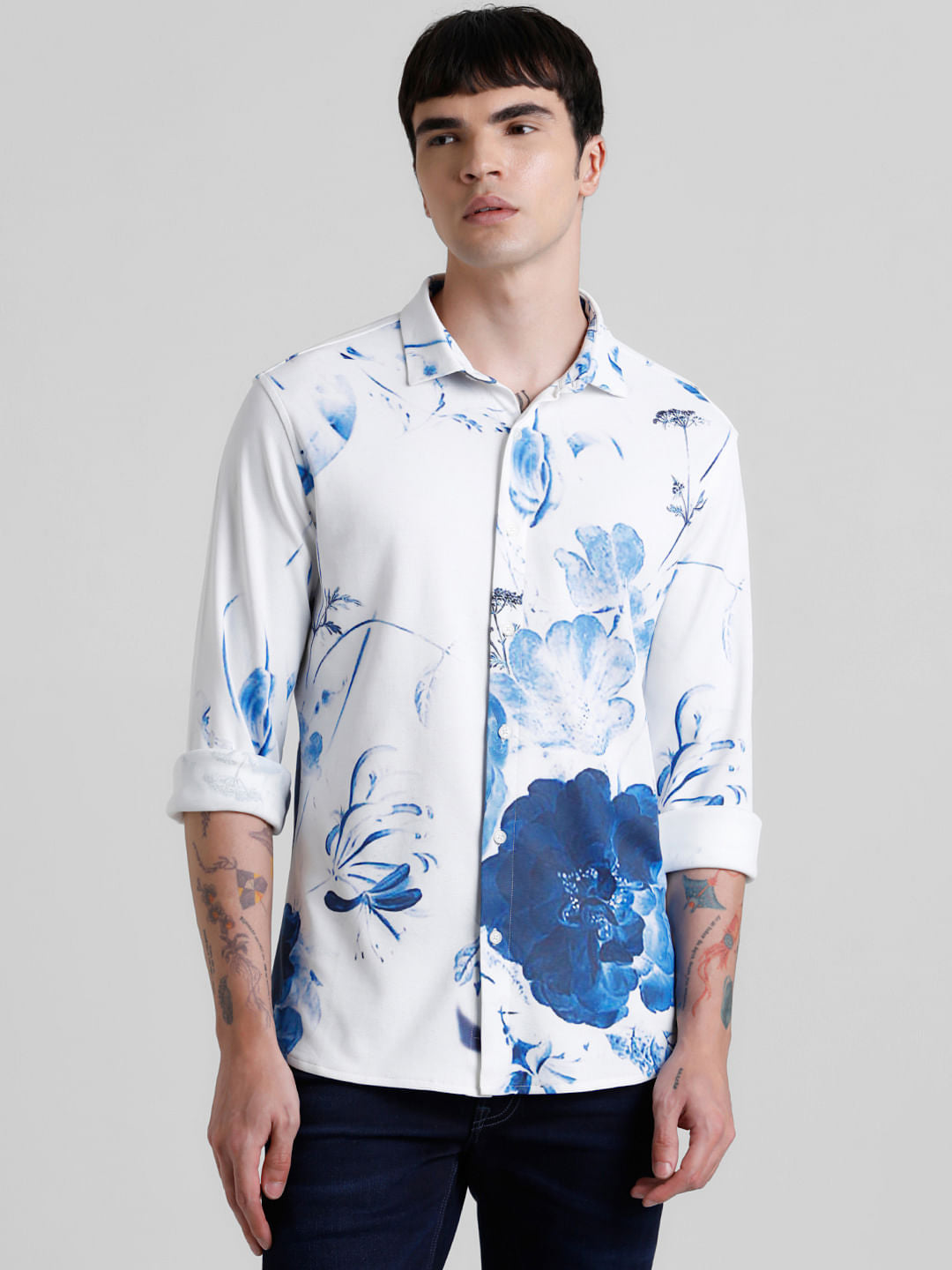 White Floral Print Full Sleeves Shirt