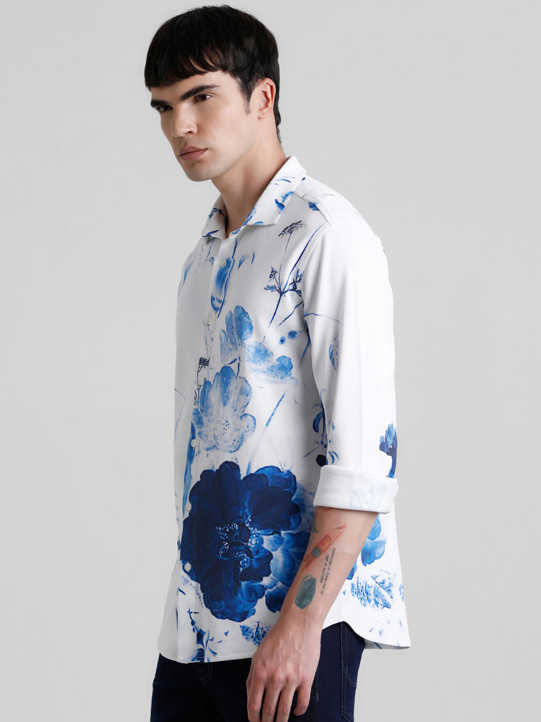 White Floral Print Full Sleeves Shirt