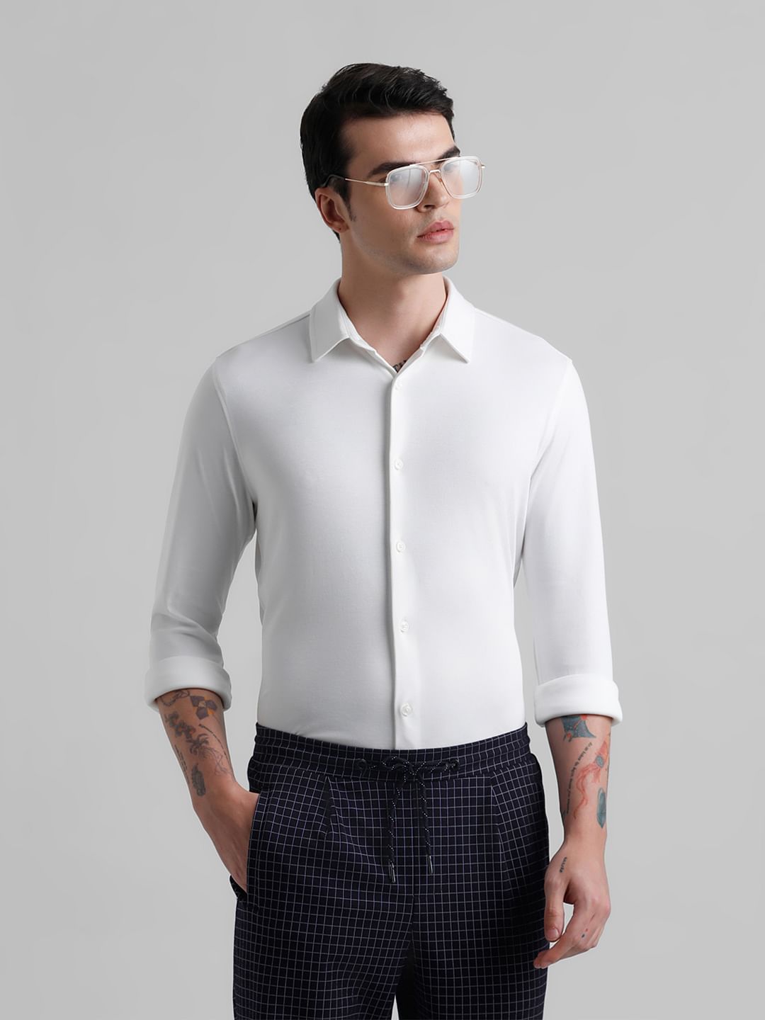 White Knitted Full Sleeves Shirt - S