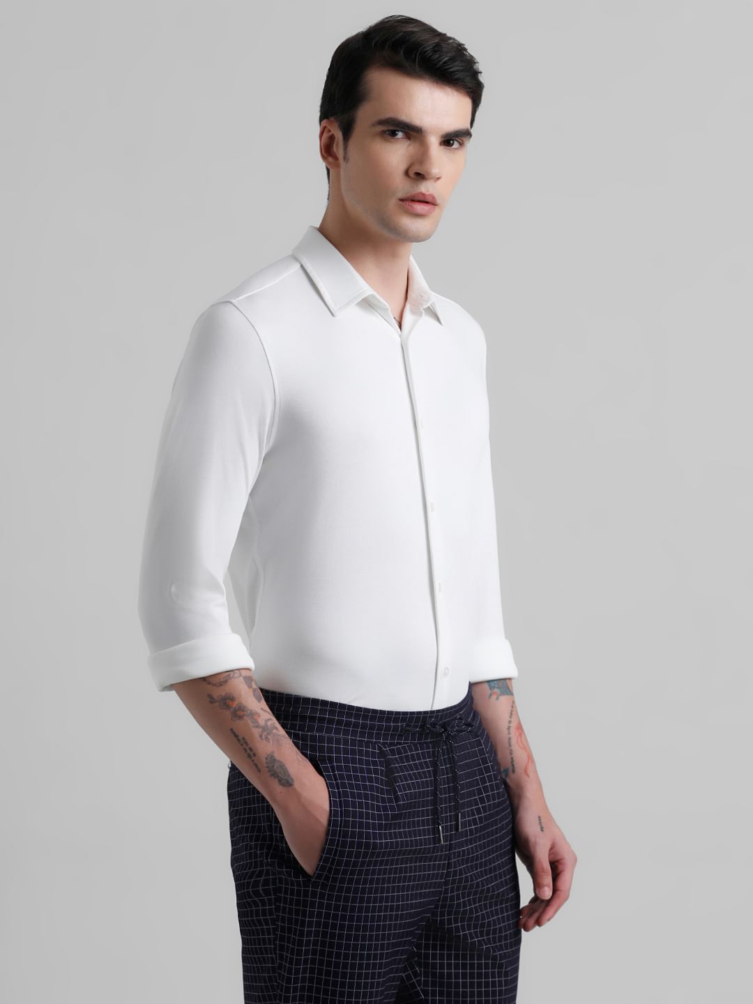 White Knitted Full Sleeves Shirt