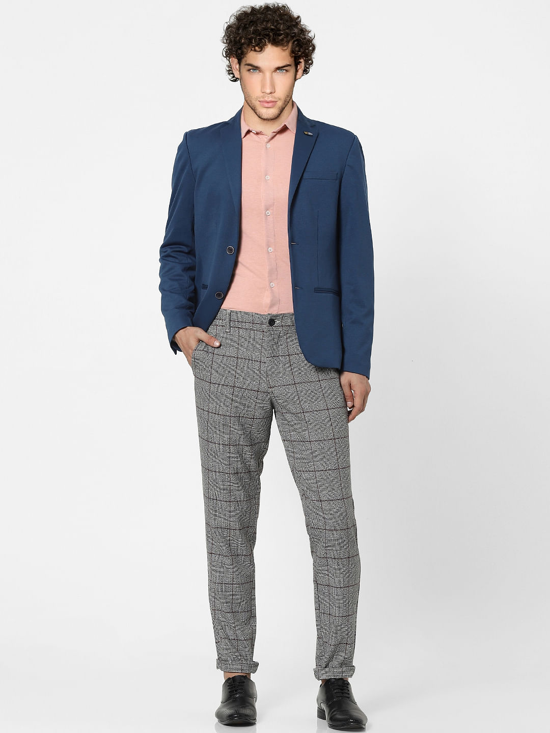 Grey Mid Rise Check Pants - 28/30
