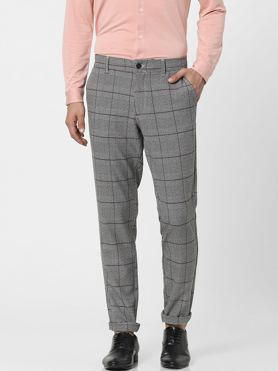 Grey Mid Rise Check Pants