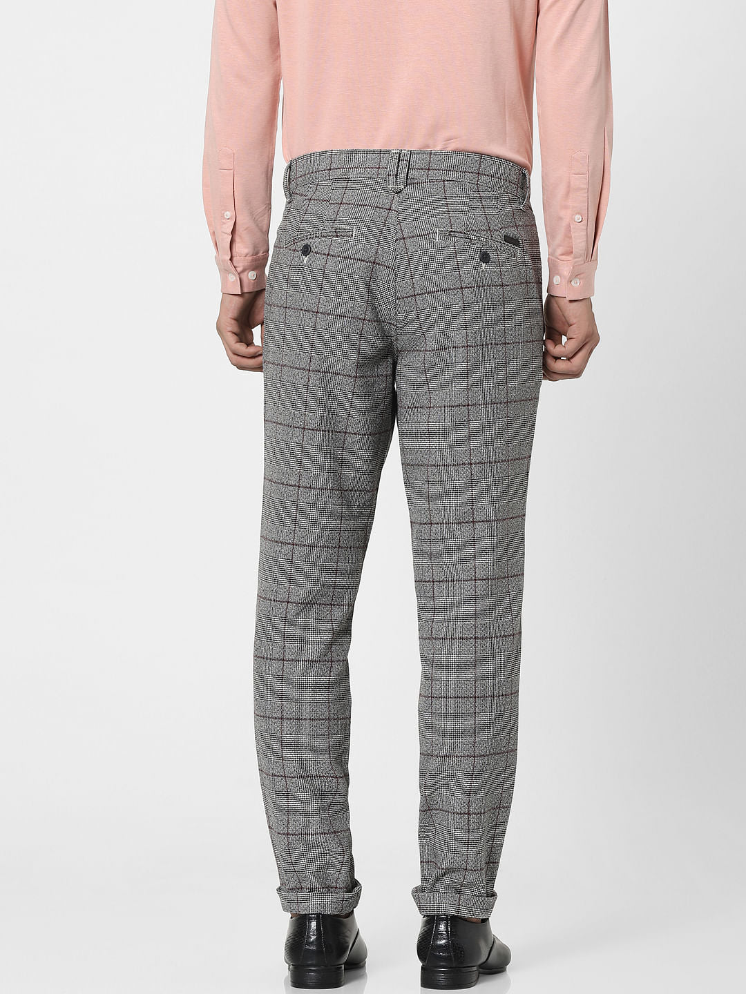 Grey Mid Rise Check Pants