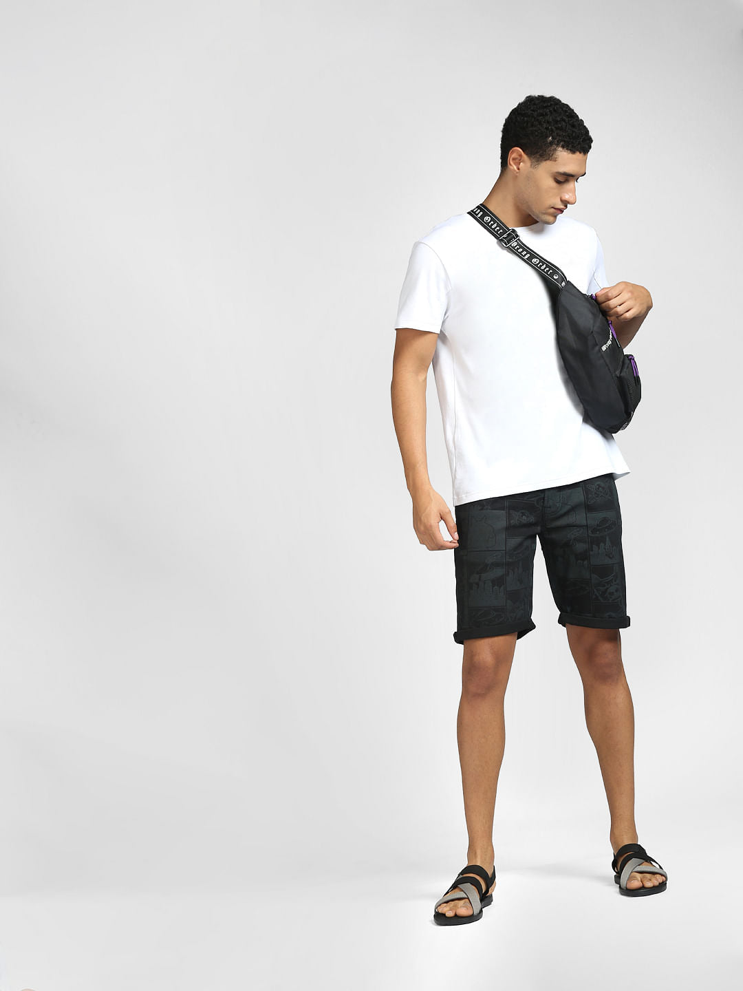 Black Printed Denim Shorts - S