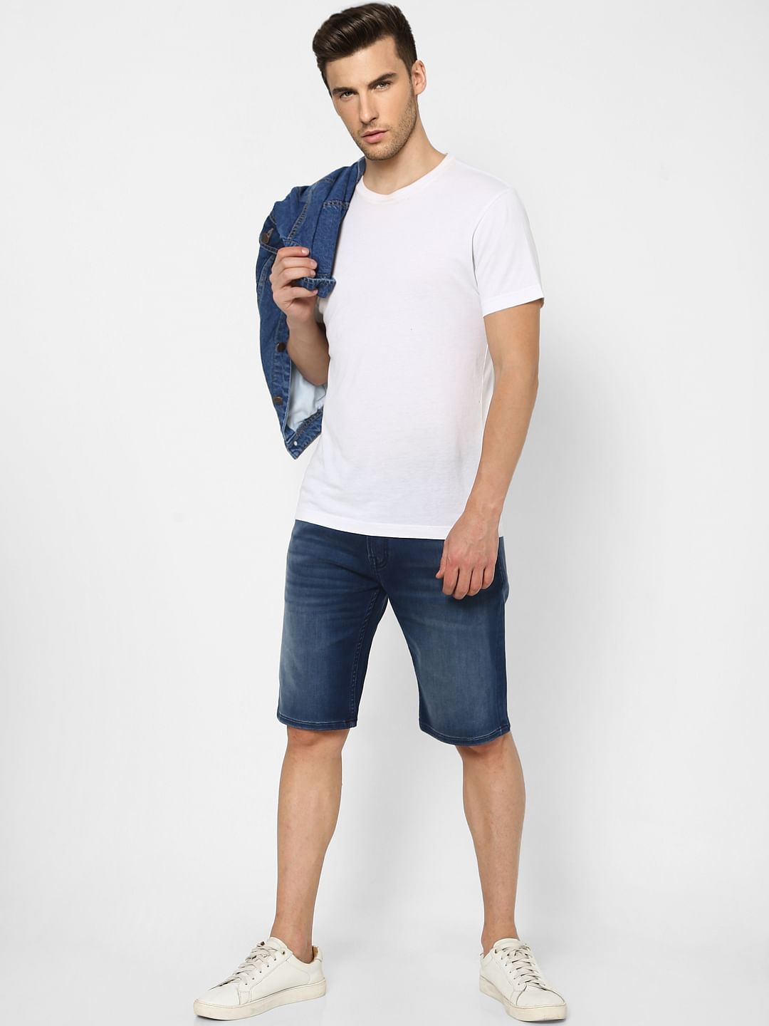 Blue Low Rise Washed Denim Shorts