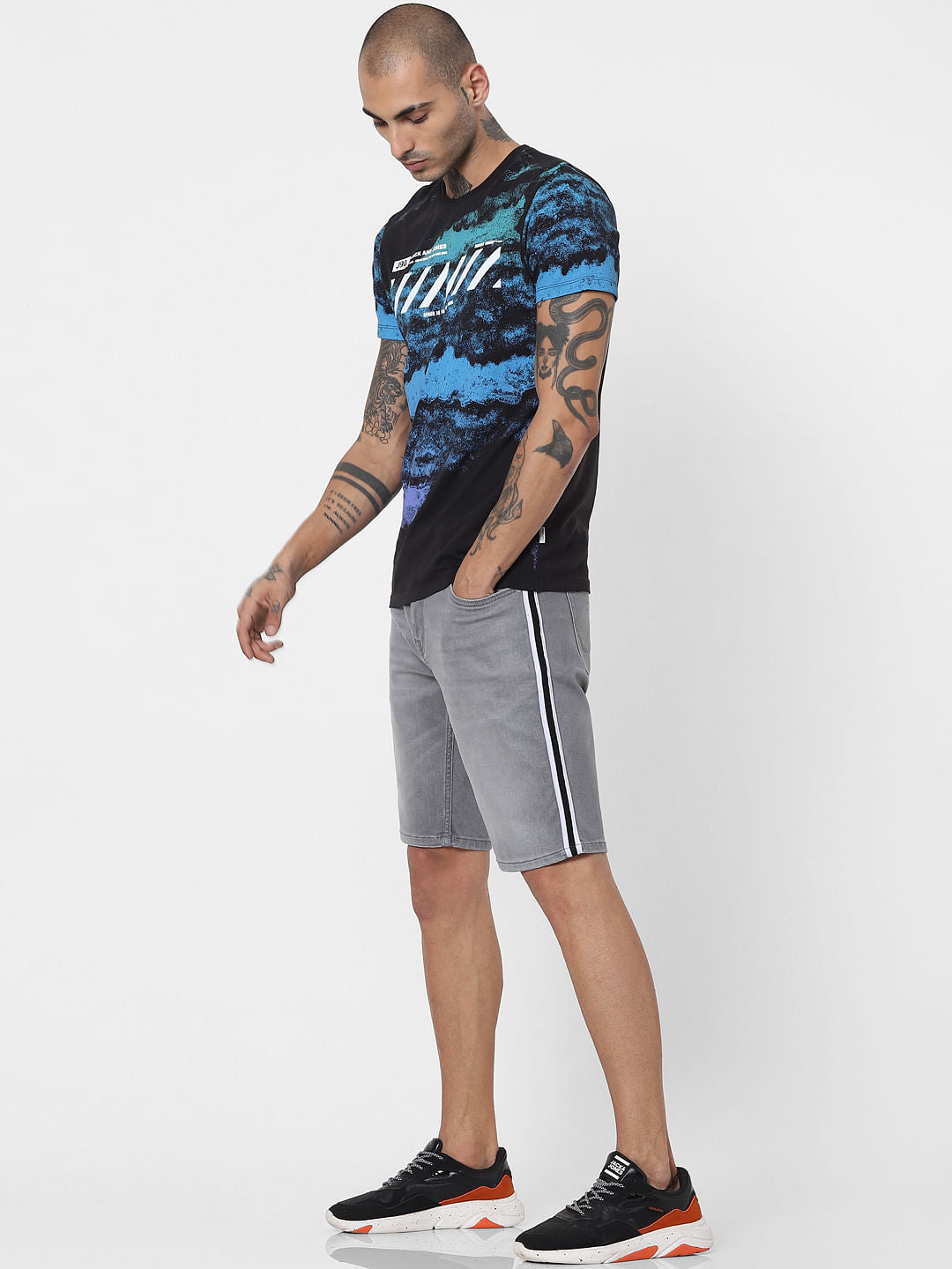 Grey Low Rise Tape Detail Denim Shorts - S
