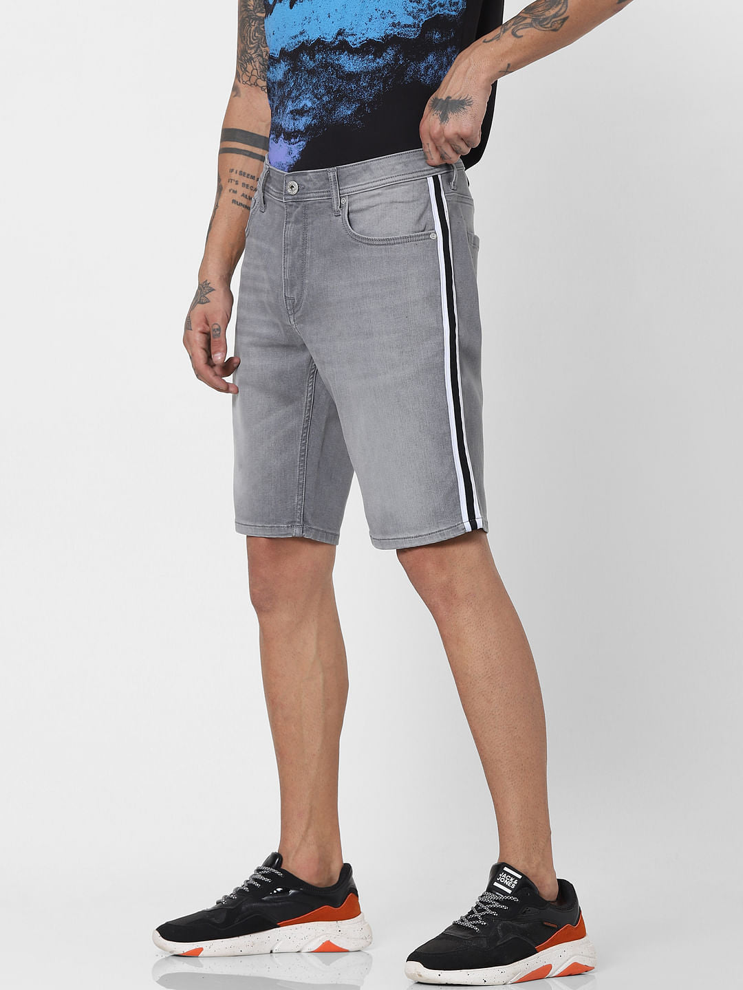 Grey Low Rise Tape Detail Denim Shorts