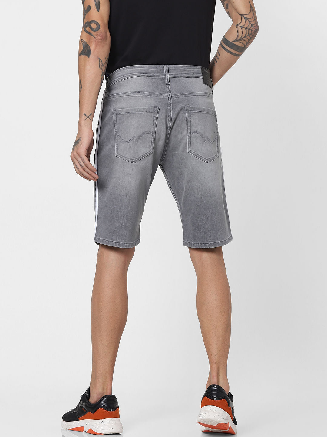 Grey Low Rise Tape Detail Denim Shorts