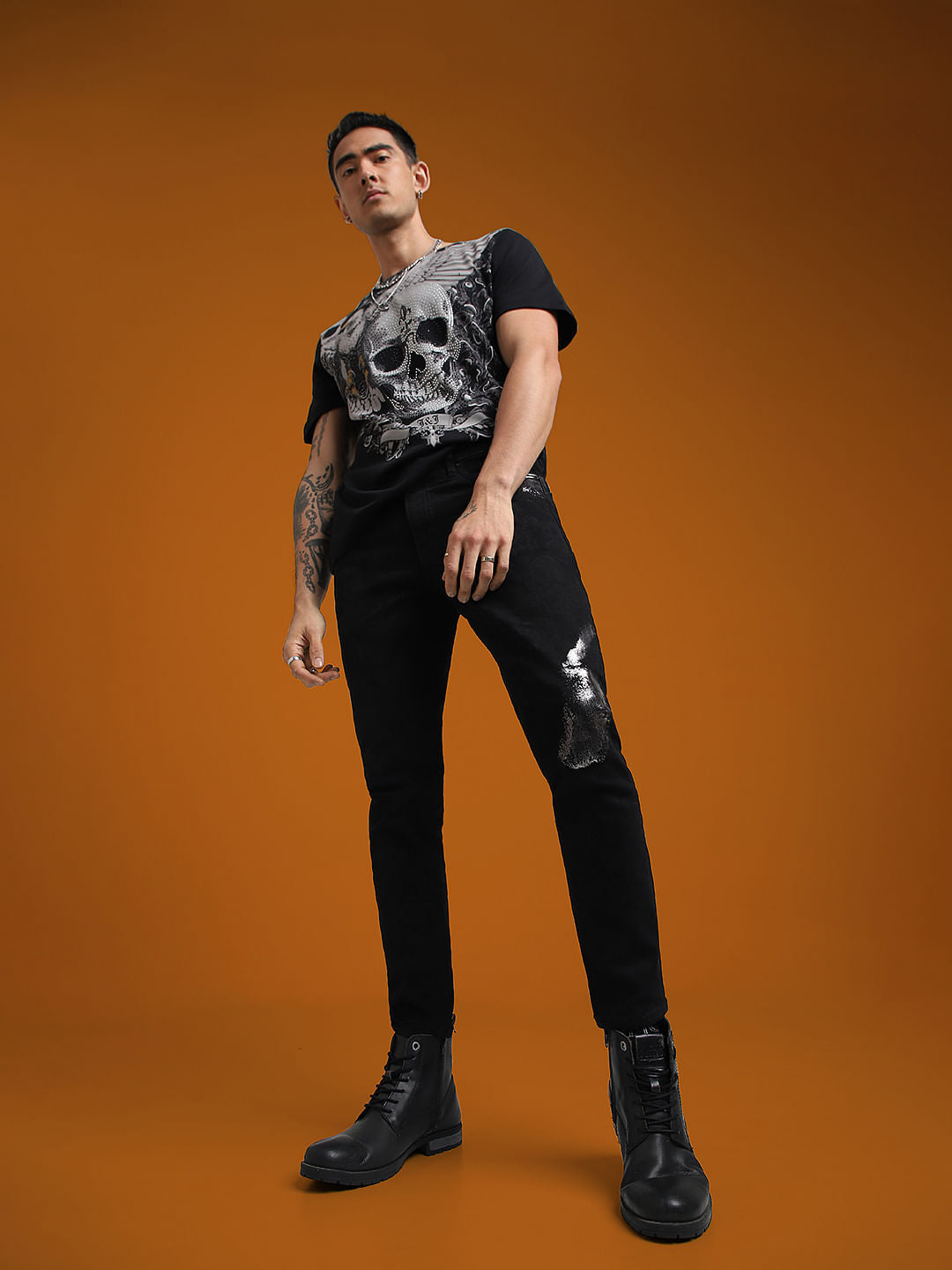 UNMATCHED by JACK&JONES Black Gunmetal Crackle Effect Slim Fit Jeans