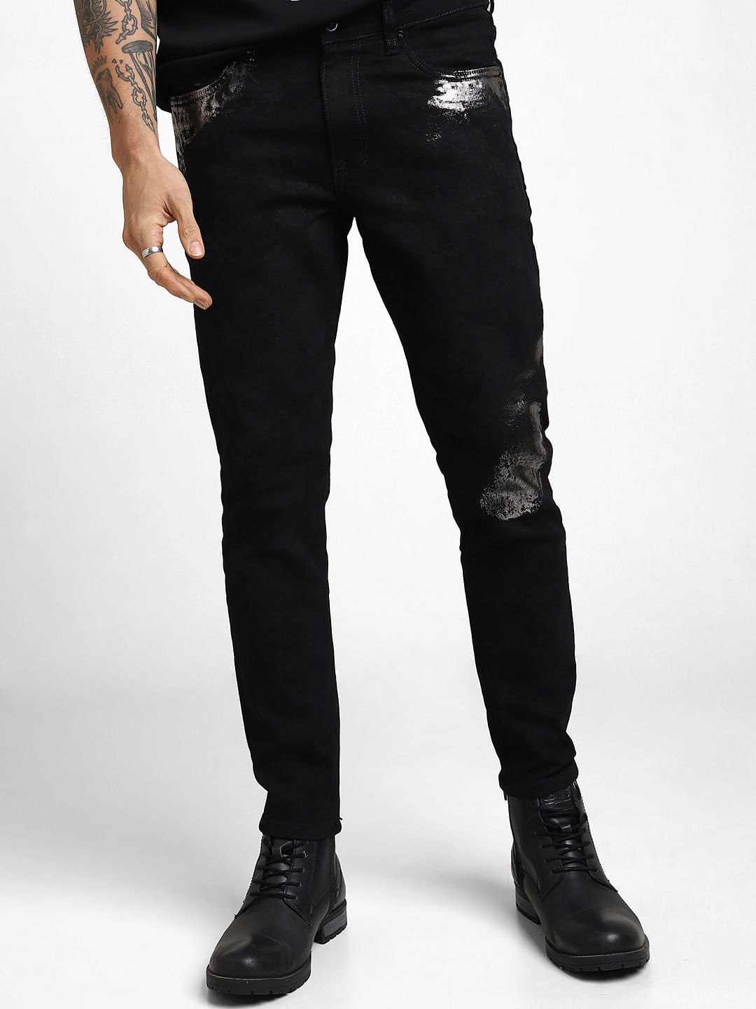 UNMATCHED by JACK&JONES Black Gunmetal Crackle Effect Slim Fit Jeans