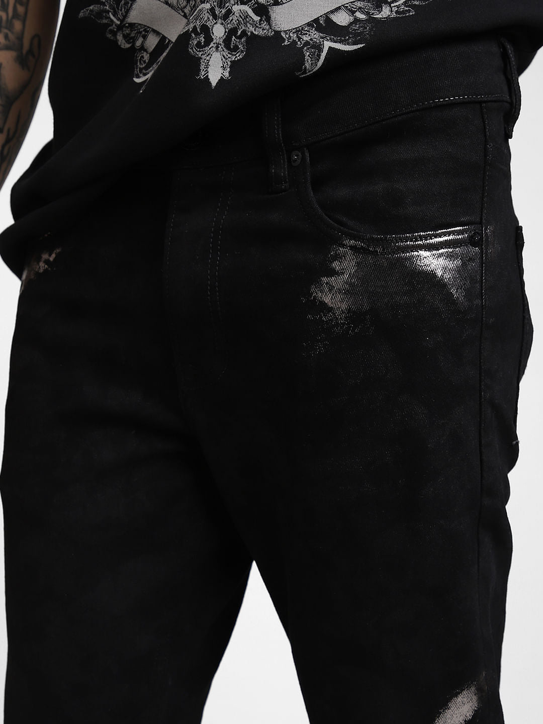 UNMATCHED by JACK&JONES Black Gunmetal Crackle Effect Slim Fit Jeans