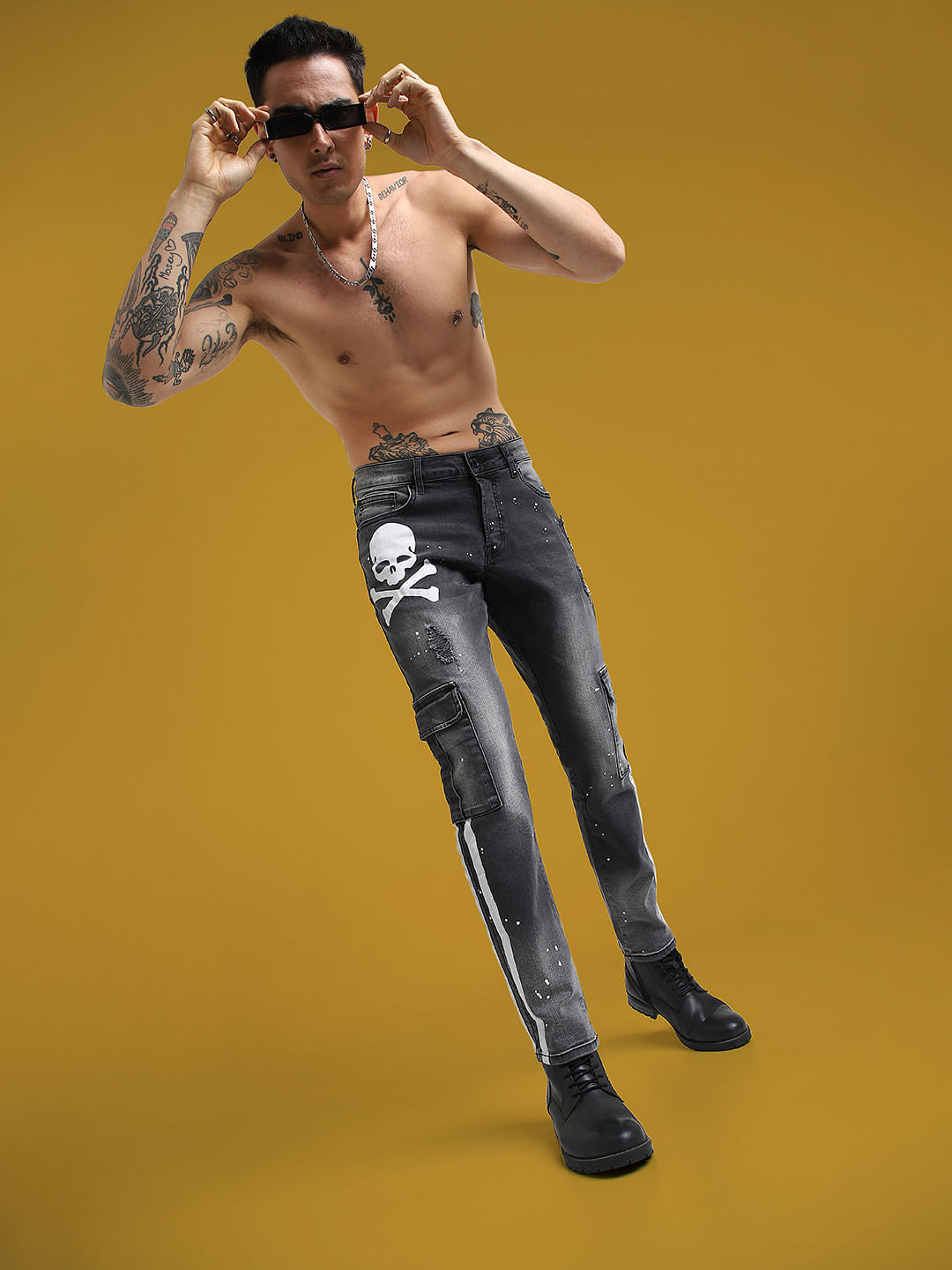 UNMATCHED by JACK&JONES Black Skull Printed Washed Anti Fit Jeans