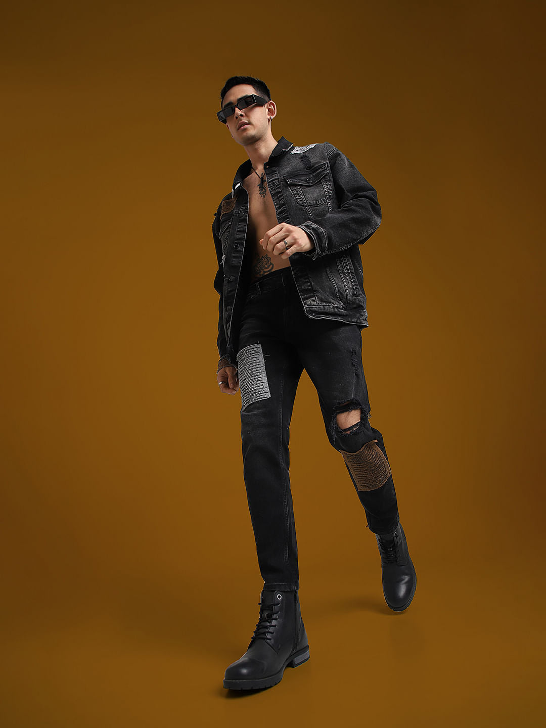 UNMATCHED by JACK&JONES Black Mid Rise Patchwork Glenn Slim Fit Jeans