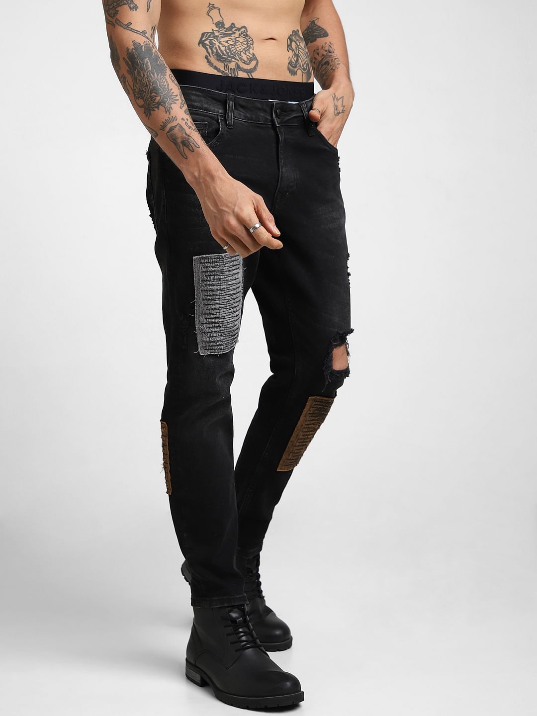 UNMATCHED by JACK&JONES Black Mid Rise Patchwork Glenn Slim Fit Jeans