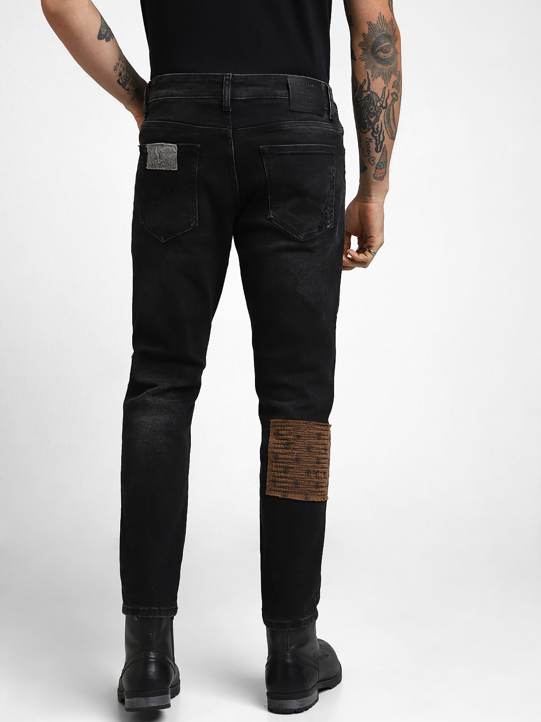 UNMATCHED by JACK&JONES Black Mid Rise Patchwork Glenn Slim Fit Jeans