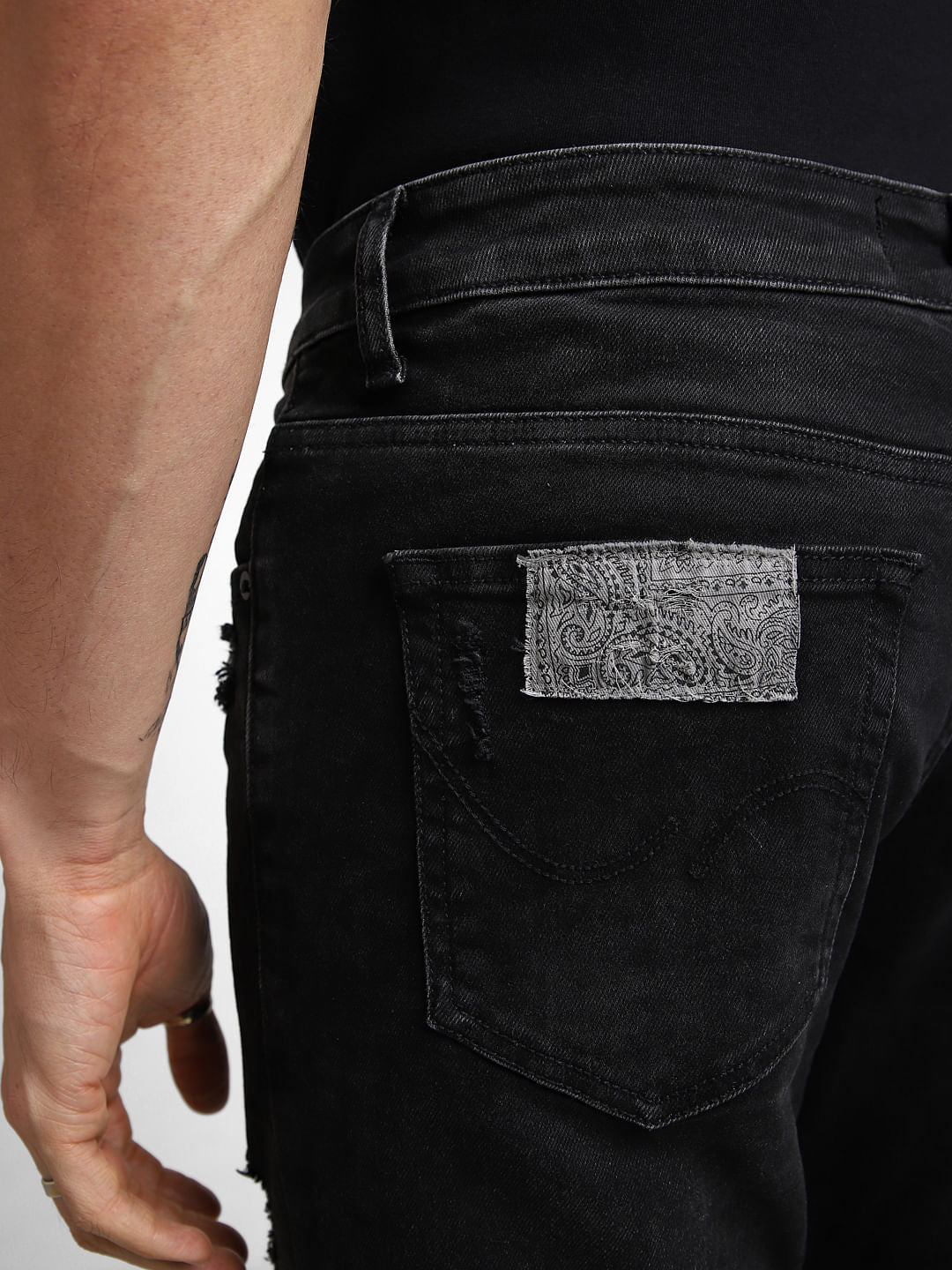 UNMATCHED by JACK&JONES Black Mid Rise Patchwork Glenn Slim Fit Jeans