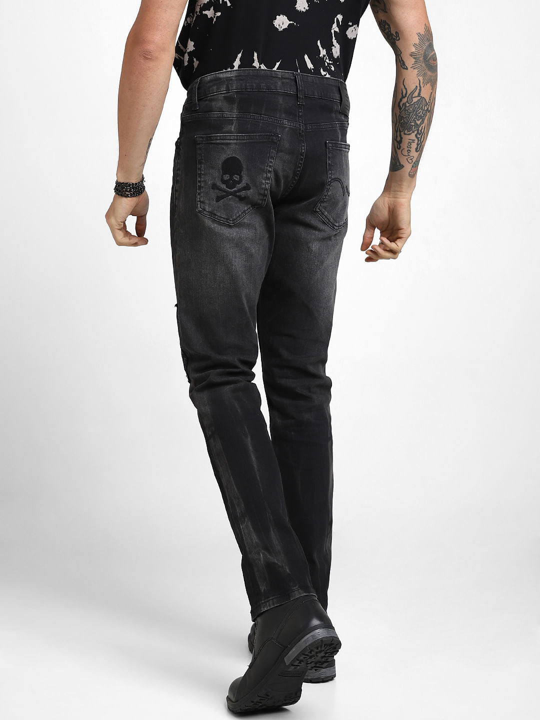 UNMATCHED by JACK&JONES Black Appliqu   Detail Distressed Slim Jeans