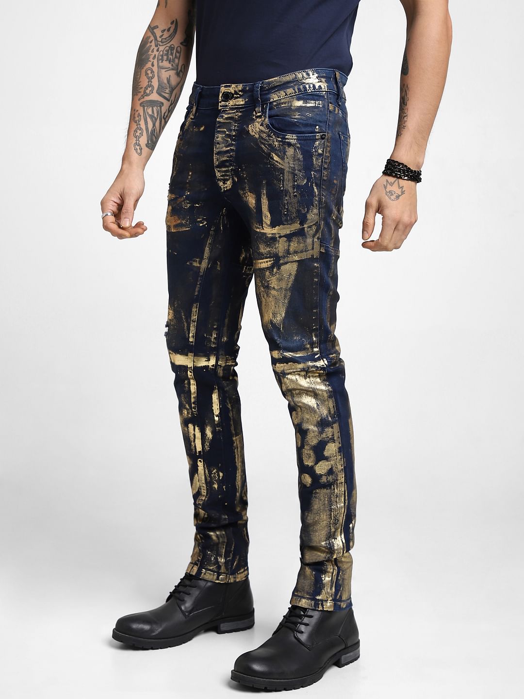 UNMATCHED by JACK&JONES Dark Blue Golden Foil Print Slim Fit Jeans