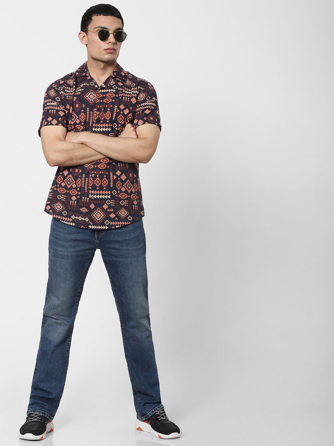 Brown Aztec Print Short Sleeves Shirt - S