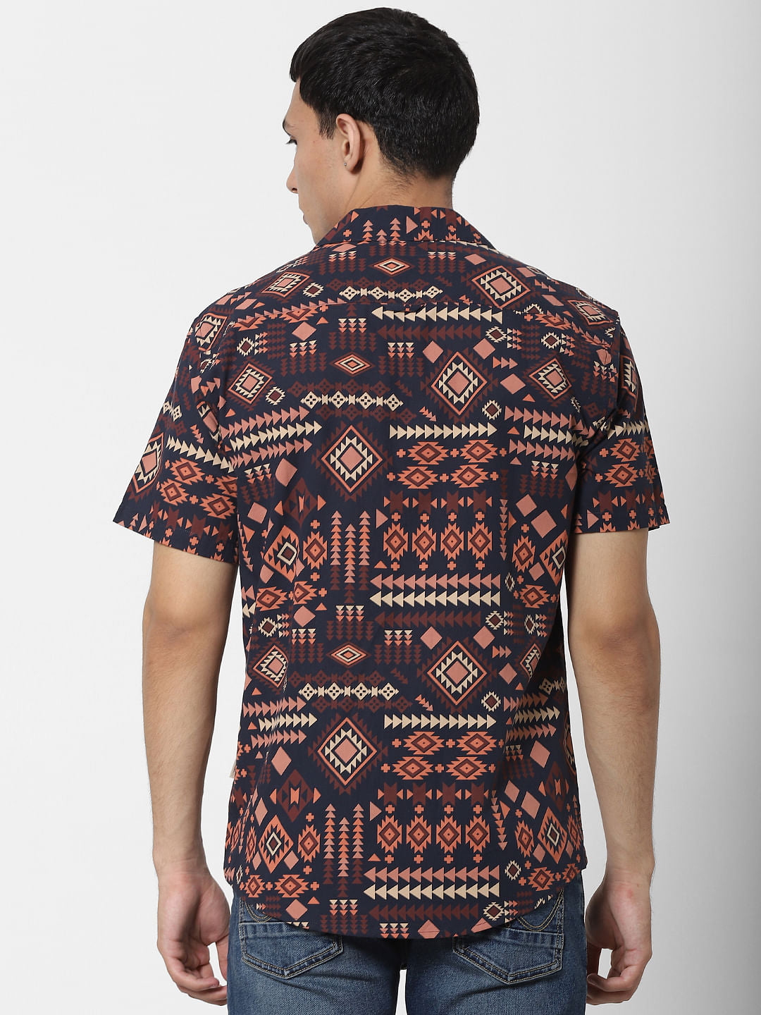 Brown Aztec Print Short Sleeves Shirt