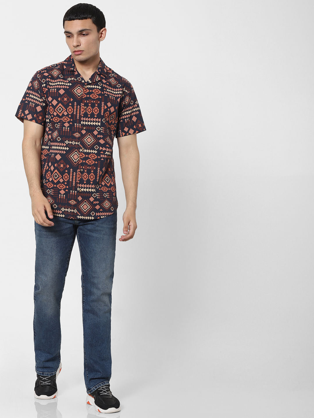 Brown Aztec Print Short Sleeves Shirt