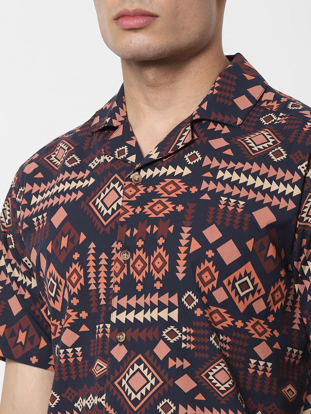 Brown Aztec Print Short Sleeves Shirt