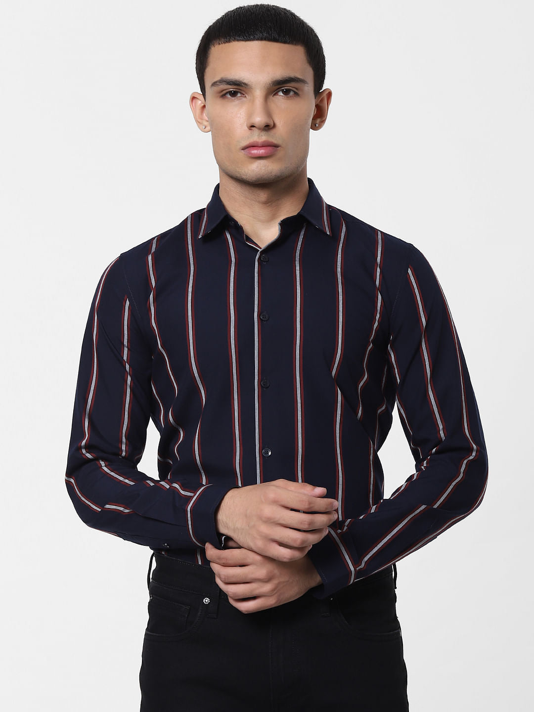 Navy Blue Striped Full Sleeves Shirt
