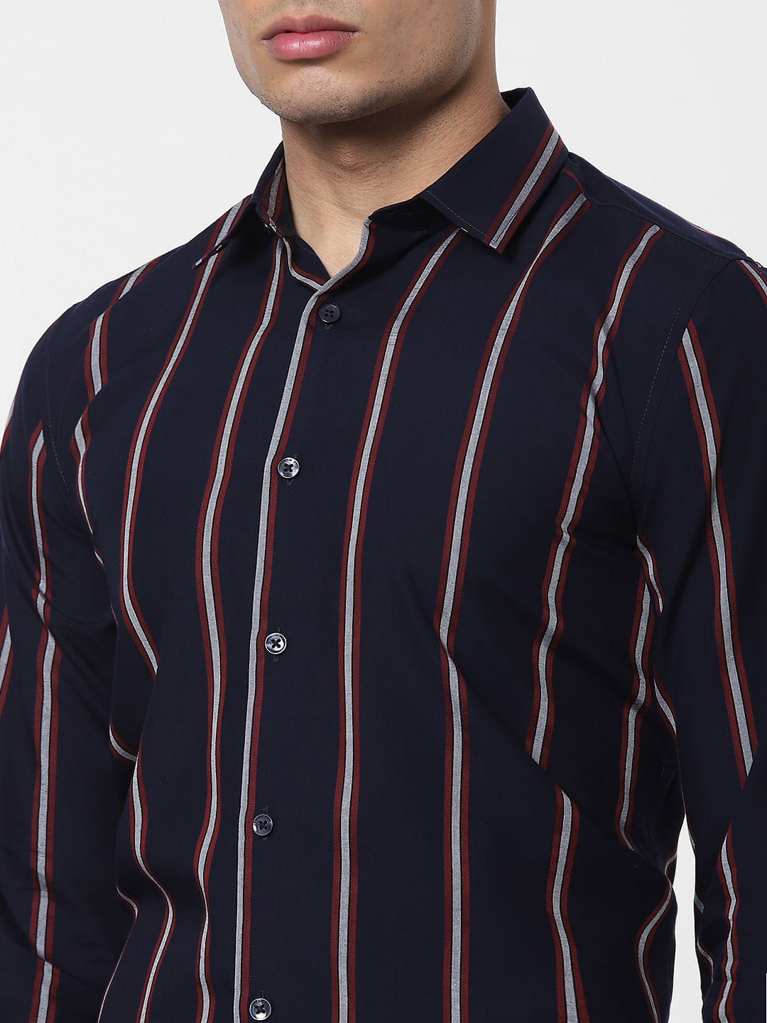 Navy Blue Striped Full Sleeves Shirt