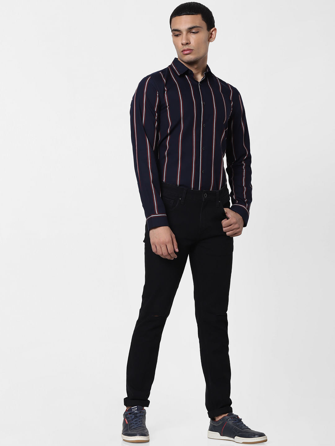 Navy Blue Striped Full Sleeves Shirt
