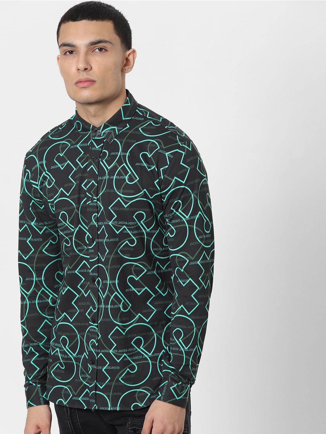 Green All Over Logo Print Full Sleeves Shirt - S
