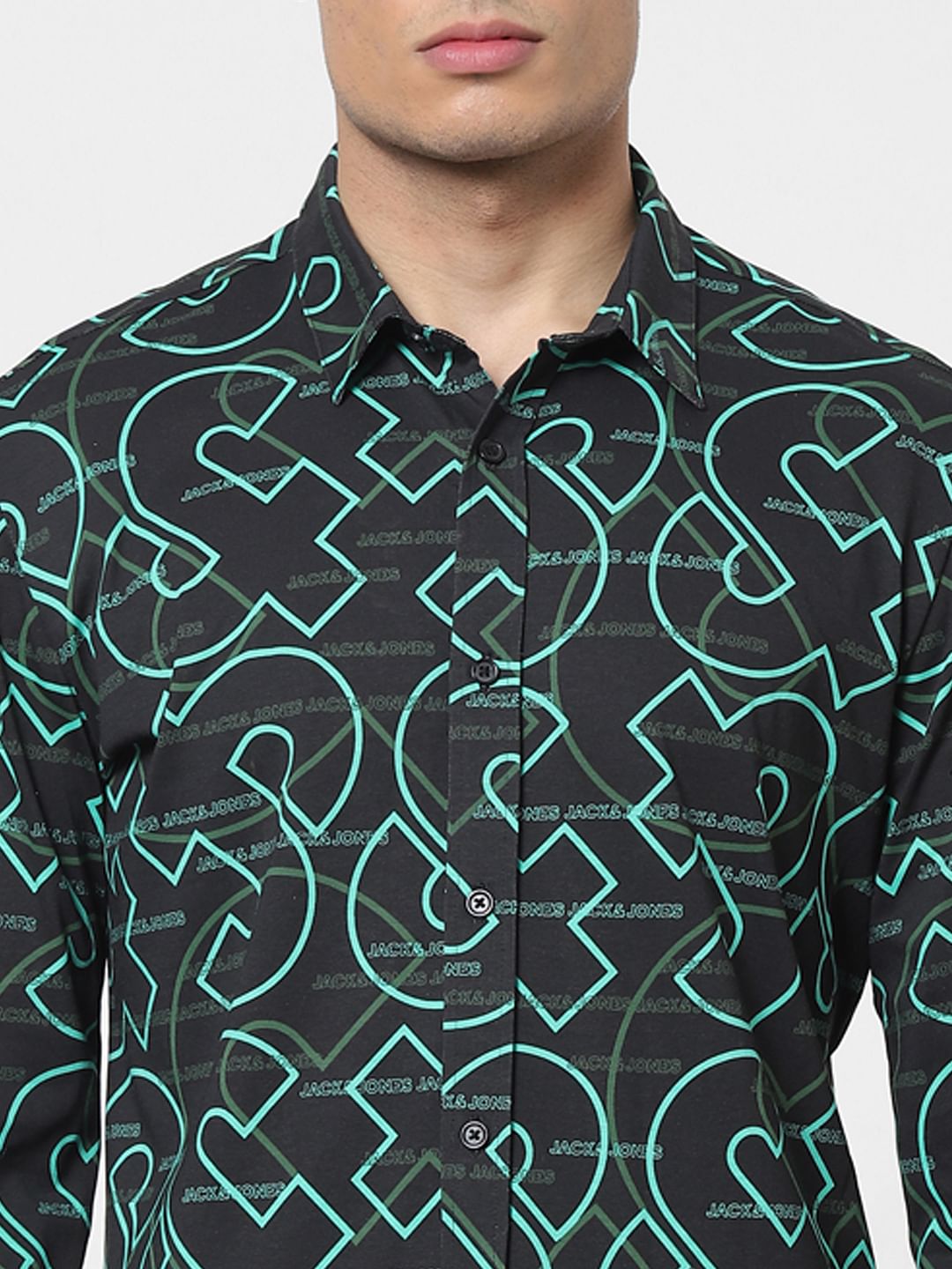 Green All Over Logo Print Full Sleeves Shirt