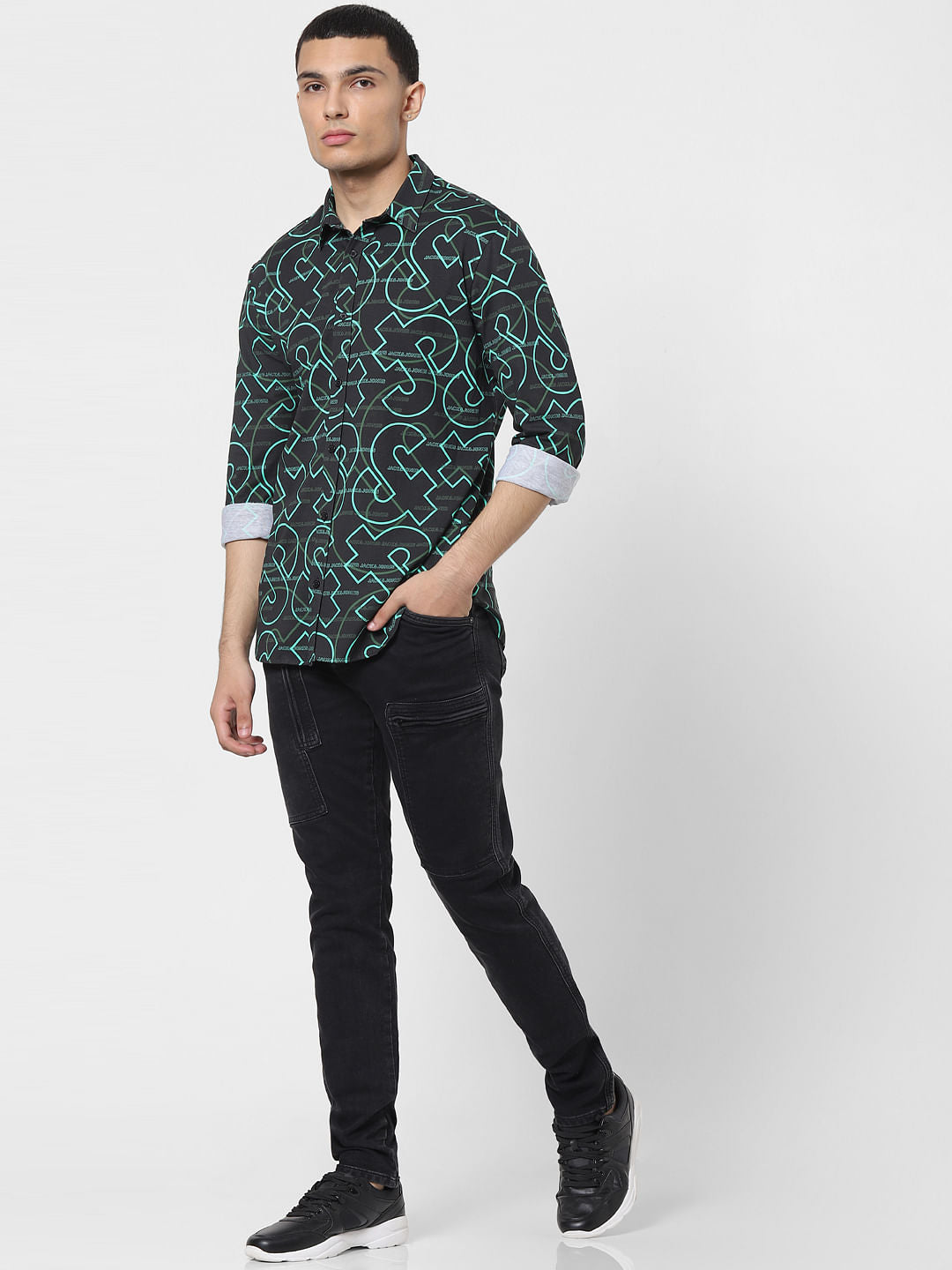 Green All Over Logo Print Full Sleeves Shirt