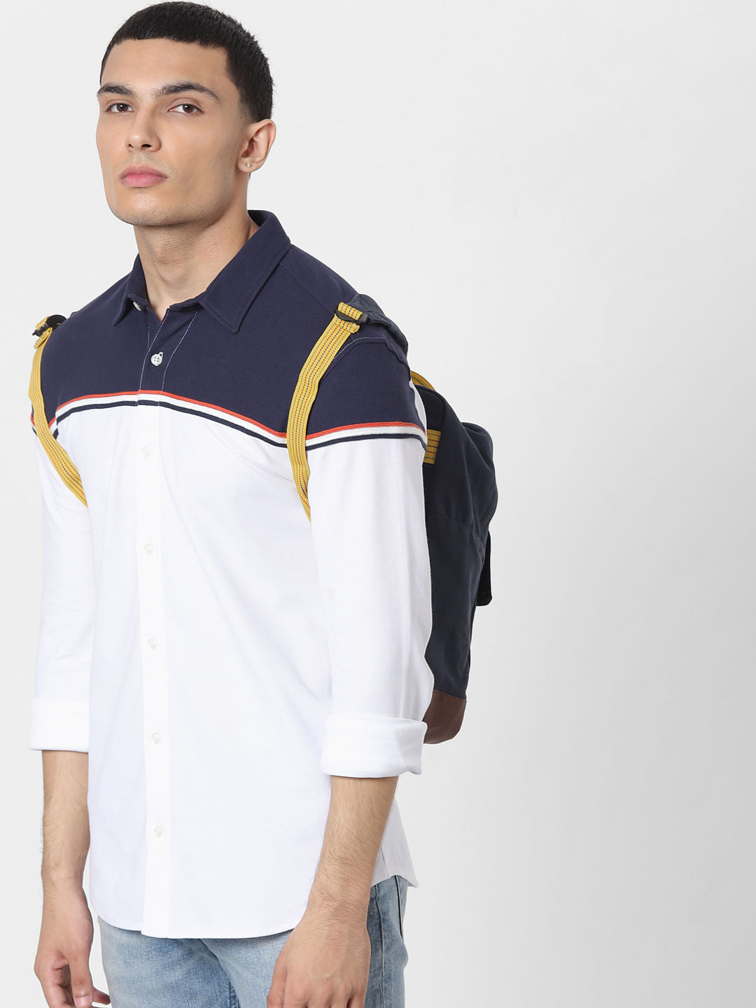 White Colourblocked Full Sleeves Shirt - S